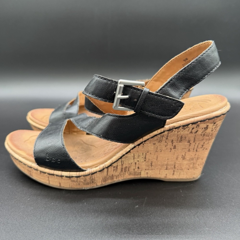 b.o.c Black Leather Cork Wedge Buckle Strap Sandals Women's Size 9 M